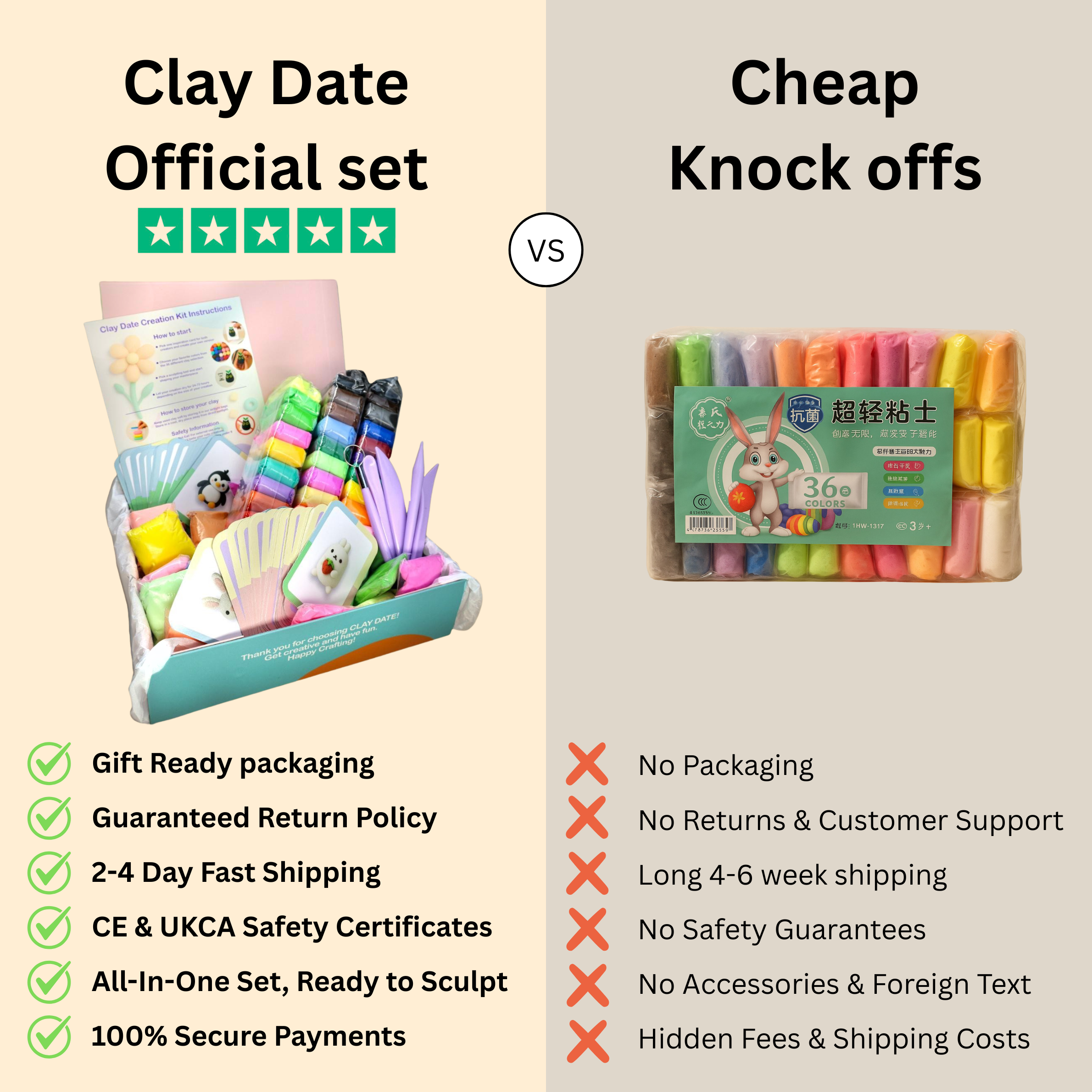 Comparison between 'Clay Date Official set' and 'Cheap Knock offs' with features listed on a beige background.