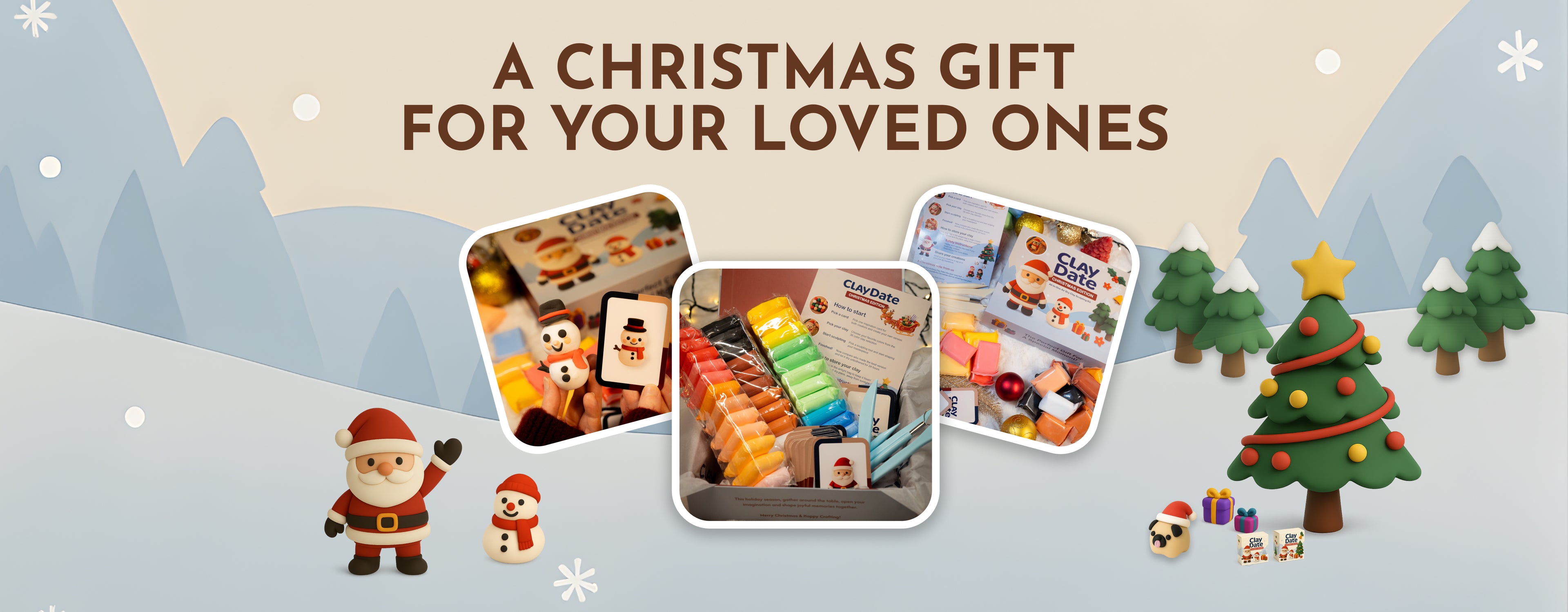 Promotional banner for Christmas gifts with Santa Claus, snowman, and festive trees on a snowy landscape.