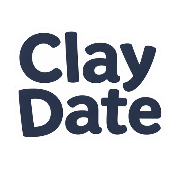 The logo for Clay Date, featuring the words 'Clay Date' in a dark navy blue rounded sans-serif font on a solid white background.