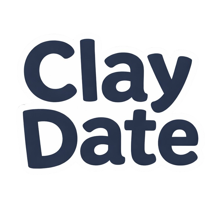 The logo for Clay Date, featuring the words 'Clay Date' in a dark navy blue rounded sans-serif font on a solid white background.