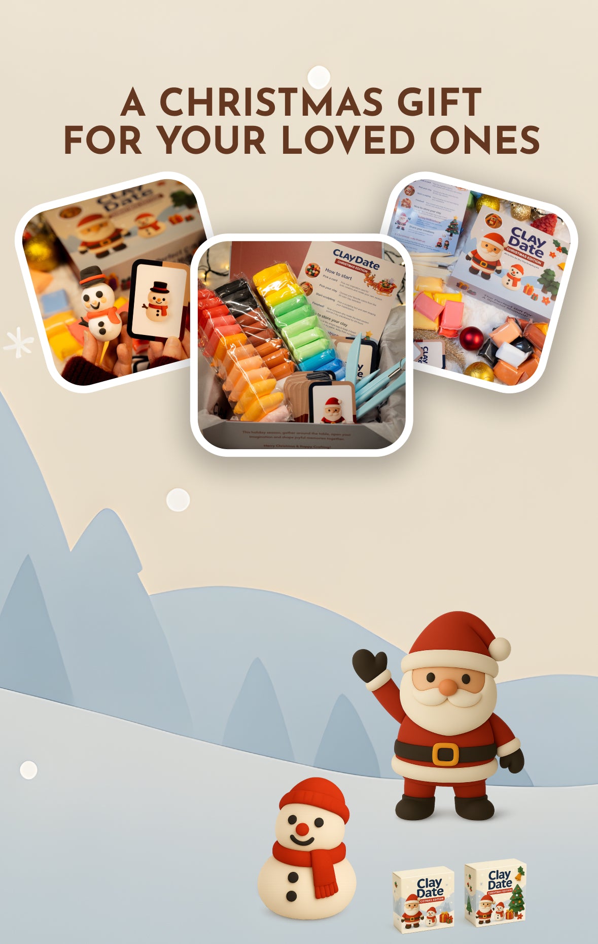 Christmas-themed gift set with Santa Claus figure, snowman, and various items on a mountain background.