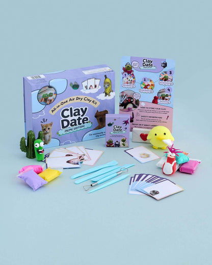 Clay Date™ Meme Kit box with clay colors, sculpting tools and meme-themed inspiration cards on a pastel background