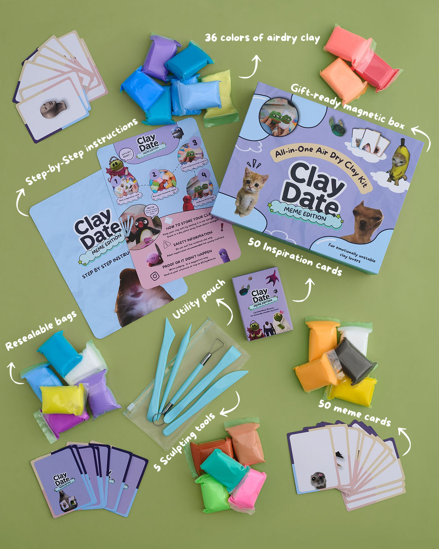 Clay Date kit arranged on a light olive green background, including airdry clay pieces, a gift-ready magnetic box, instruction booklet, magnetite bags, sculpting tools, name cards, and other included items with handwritten callouts.