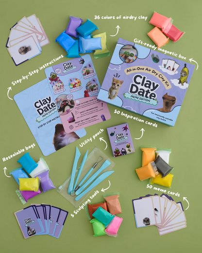 Clay Date kit arranged on a light olive green background, including airdry clay pieces, a gift-ready magnetic box, instruction booklet, magnetite bags, sculpting tools, name cards, and other included items with handwritten callouts.