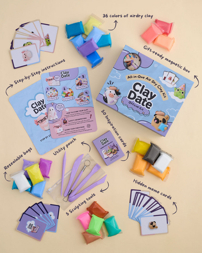 Clay Date: All-In-One Art & Clay Play kit shown with its contents arranged on a beige background, including a blue storage box, colorful clay balls, instruction cards, magnetic tools, hidden memory cards, and reusable bags, with handwritten callouts describing each item.