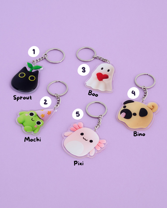 Five Clay Date acrylic keychains with cute character designs displayed on a purple background